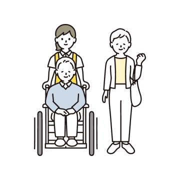 車いすの利用者と介助者、同行者のイラスト