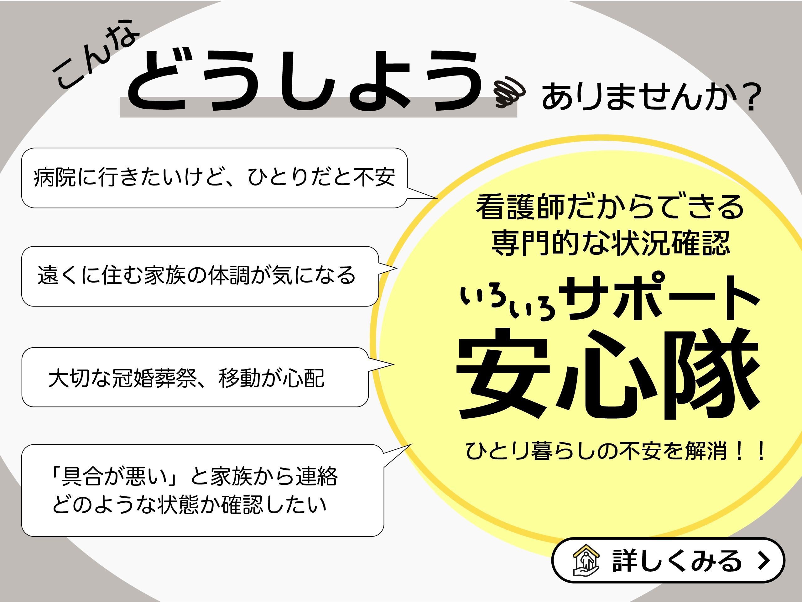 こんなどうしようありませんか？ 病院に行きたいけど、一人だと不安 遠くに住む家族の体調が気になる 大切な冠婚葬祭、移動が心配 「具合が悪い」と家族から連絡、どのような状態か確認したい 看護師だからできる専門的な状況確認 いろいろサポート安心隊 ひとり暮らしの不安を解消！ 詳しく見る